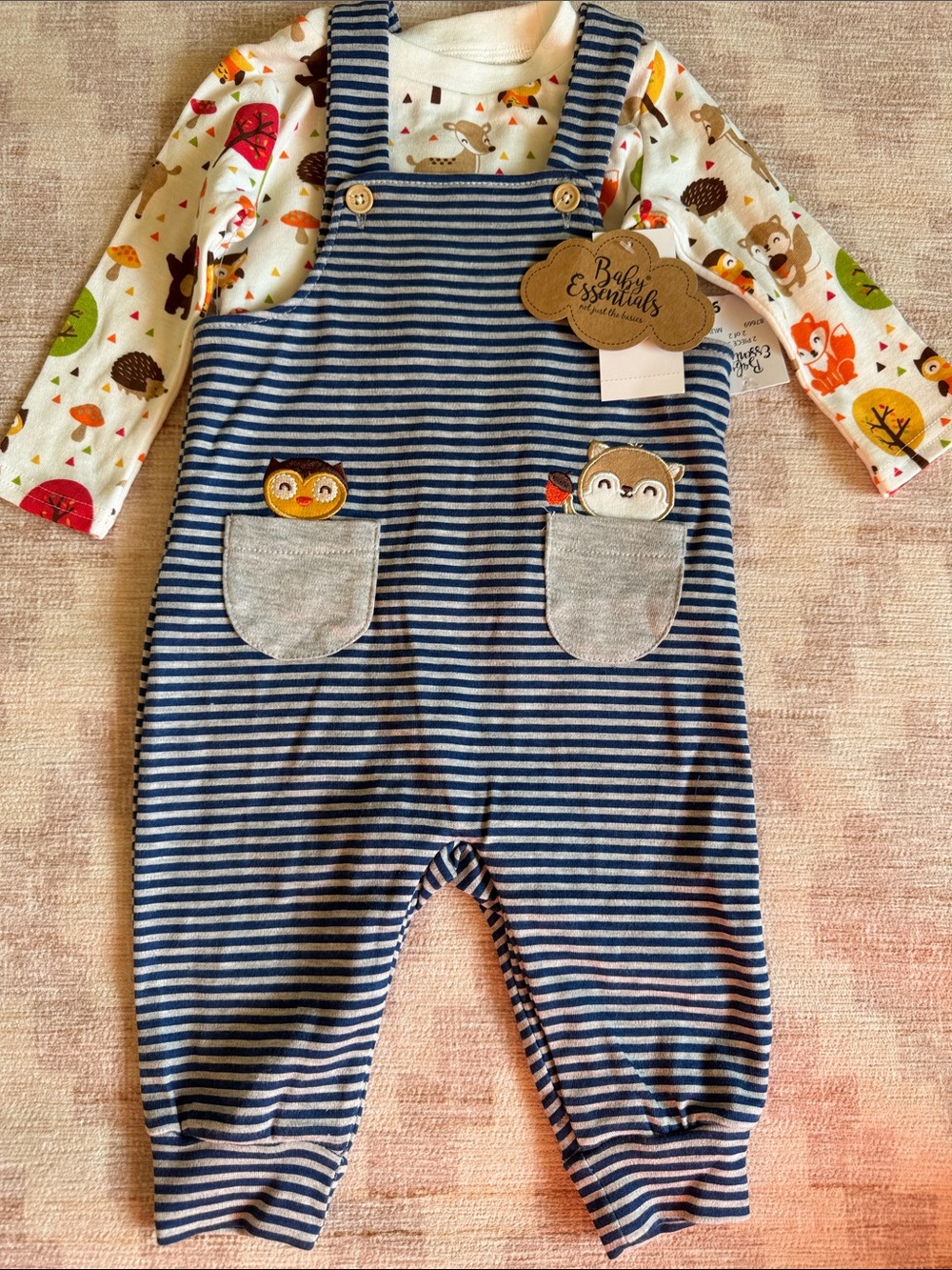 Baby Essentials  Striped Overalls with Woodland themed Shirt size 9M NWT